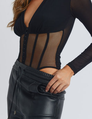 Friday Nights- Plunge, Ribbed/Corset Style Mesh Long-sleeve Bodysuit