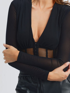Friday Nights- Plunge, Ribbed/Corset Style Mesh Long-sleeve Bodysuit