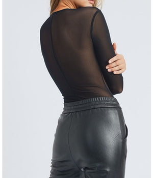 Friday Nights- Plunge, Ribbed/Corset Style Mesh Long-sleeve Bodysuit