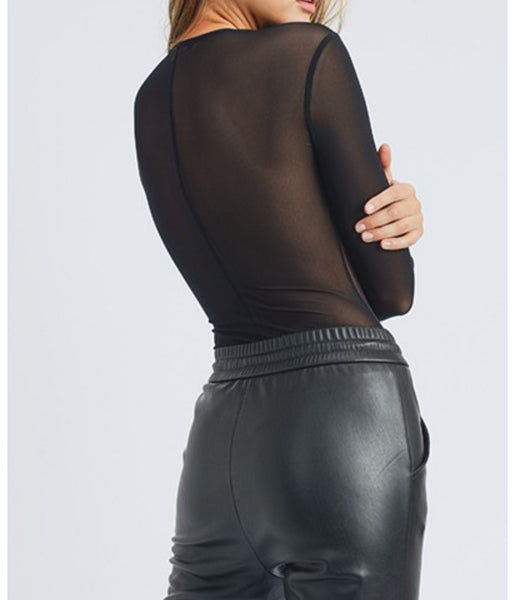 Load image into Gallery viewer, Friday Nights- Plunge, Ribbed/Corset Style Mesh Long-sleeve Bodysuit