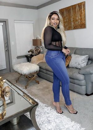 Friday Nights- Plunge, Ribbed/Corset Style Mesh Long-sleeve Bodysuit