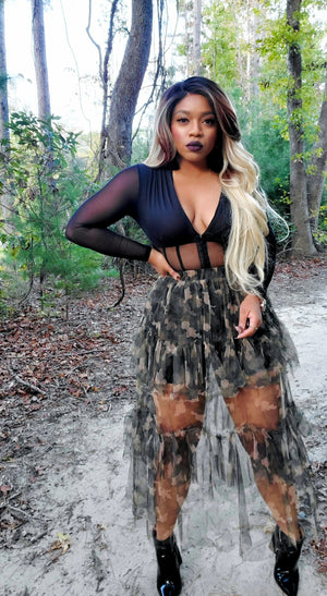 Friday Nights- Plunge, Ribbed/Corset Style Mesh Long-sleeve Bodysuit