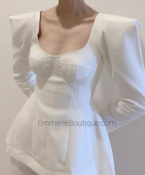 Load image into Gallery viewer, SheEO - Peplum Structured Puff Sleeve Top (Black or White)