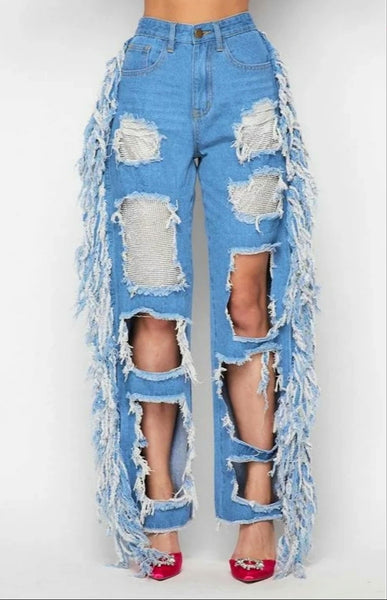 Load image into Gallery viewer, The Wind-Down - Fringe Side, Gem Patch Denim
