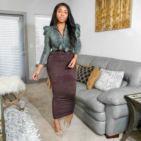 Load image into Gallery viewer, Suede Babe - Vegan Suede Midi Skirt

